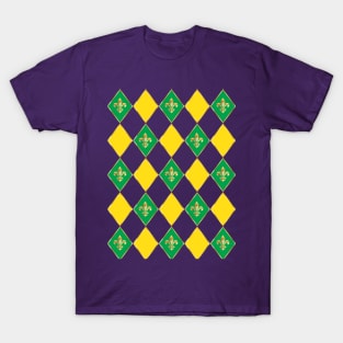 Mardi Gras Carnival Festive Geometrical Fleur de Lis Rhombus Arrangement Pattern, Green, Yellow, Purple color, Festival Party Decoration. Modern Art T-Shirt T-Shirt